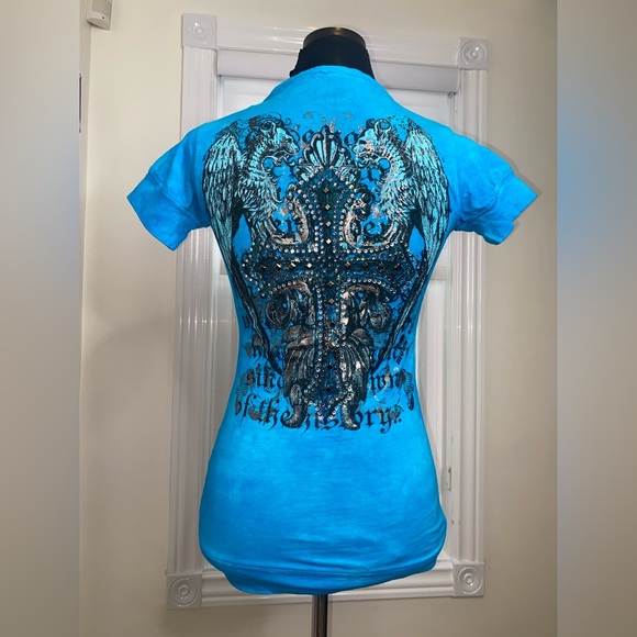 Swarovski Crystal Embellished Cross T Shirt For Women, Blue Short Sleeve Shirt - Picture 13 of 16